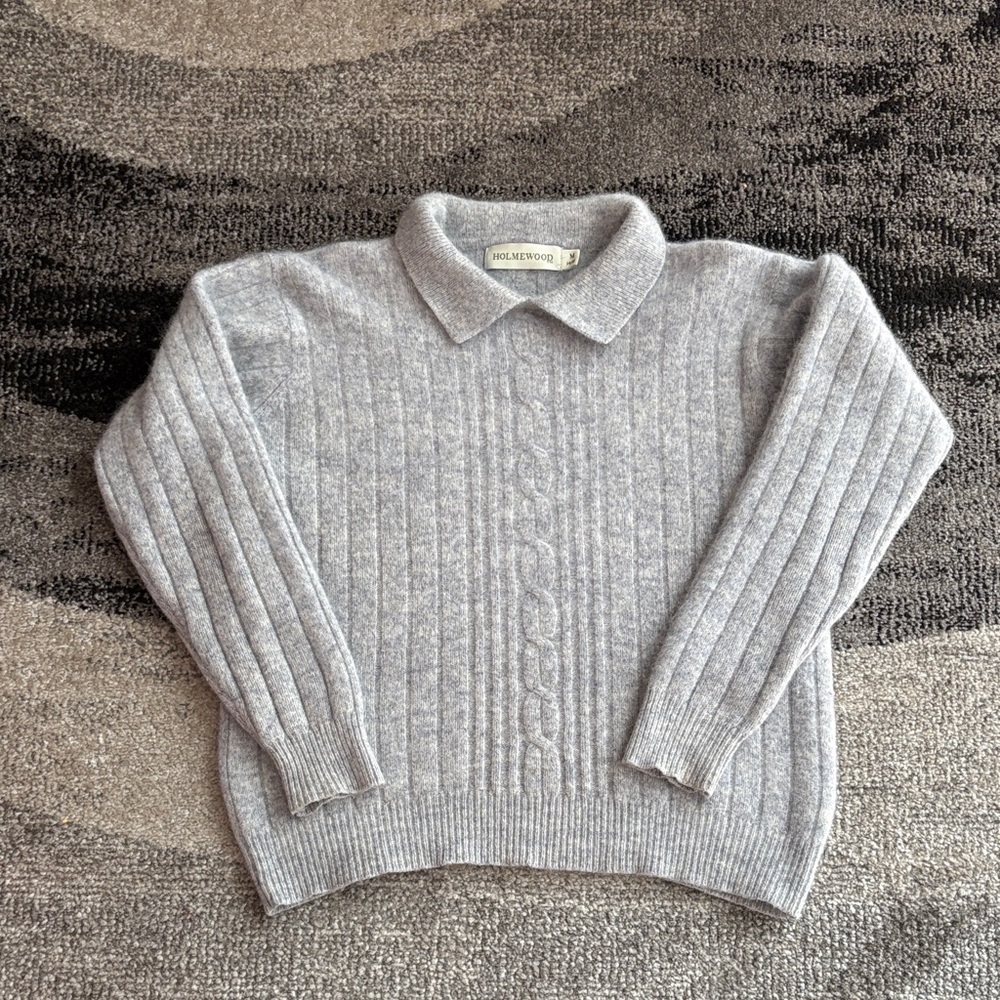 Holmewood Light Grey-Blue Lambswool/angora Cable-Knit Polo Sweater Size M